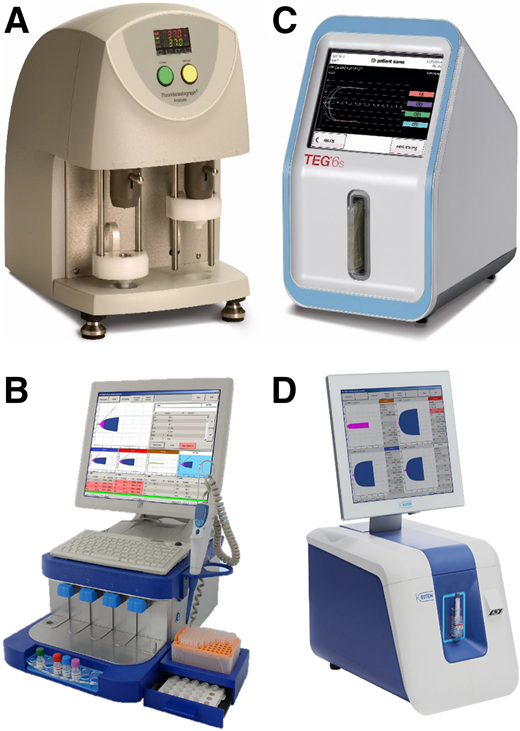 (A) TEG 5000. (B) ROTEM Delta. (C) TEG 6S. (D) ROTEM Sigma.
