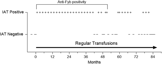 Case 3 depiction. In a patient with β-thalassemia intermedia with prior exposure to blood and negative antibody screen (case 3), the transfusion of red cell units matched only to Rh and Kell antigens led to the reemergence of anti-Fyb antibody and delayed hemolytic transfusion reaction. Regular transfusions were possible with extended phenotypic matching of red cell units. Anti-Fyb was no longer detectable after 4 years, though antibody screen remained positive intermittently due to other alloantibodies. IAT, indirect antiglobulin test.