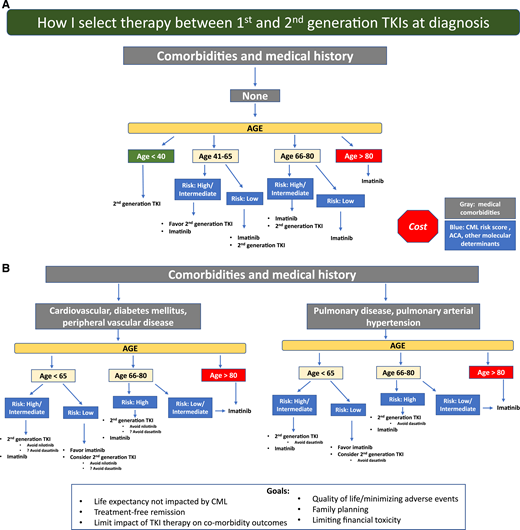 A general overview of my approach is shown. A first step is to assess patient medical comorbidities because this influences the risks and benefits of imatinib vs specific second-generation tyrosine kinase inhibitors (TKIs). (A) Patients without comorbidities. (B) Patients with particular comorbidities. Because comorbidities, in particular cardiovascular comorbidities, increase with age, selecting a second-generation TKI in older individuals with or without comorbidities requires a careful discussion and monitoring. Patient goals and preferences are also important and influence decision making.