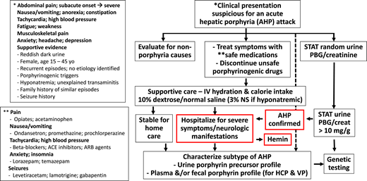 Diagnostic and intervention algorithm for patients presenting with signs and symptoms suspicious for an AHP attack. The neurovisceral manifestations of an attack with AIP are similar to those with HCP and VP. HCP and VP may also have a history of blistering skin rash on sun-exposed areas. A rapid spot urine quantitative assay for PBG can identify pathological accumulation and hyperexcretion of PBG and, by inference, ALA, the neurotoxic precursors that cause acute signs and symptoms. A urine PBG/creatinine ratio >10 mg/g is a sensitive and specific indicator of an AHP. Importantly, asymptomatic patients with AHP (particularly AIP) can have basal high urine PBG levels; therefore, it is always important to evaluate for alternative etiologies and porphyrinogenic triggers of acute signs and symptoms (eg, infection). Additional studies of urine, stool, and blood are needed to fully characterize the AHP subtype biochemically. Genetic testing is not appropriate for initial screening but is used to confirm the diagnosis based on biochemical testing results and can be very helpful for family screening. ACE, angiotensin-converting enzyme; ARB, angiotensin receptor blocker.