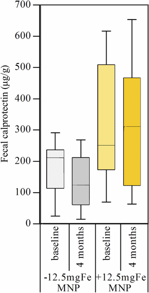 Fecal calprotectin levels at baseline and 4 months, by group, in Kenyan infants (n = 115) receiving daily for 4 months an MNP containing no iron (−12.5mgFeMNP) or containing 12.5 mg iron (+12.5mgFeMNP). At endpoint, fecal calprotectin was significantly higher in the +12.5mgFeMNP group than in the −12.5mgFeMNP group (P = .008). Differences were investigated via general linear models with baseline variables as covariates. Boxplots are shown with the 10th to 90th percentiles. Adapted from Jaeggi et al.20