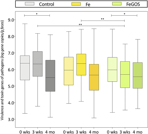 Abundances of the sum of virulence and toxin genes of 10 pathogens at baseline (0 weeks), 3 weeks, and 4 months, by group in Kenyan infants (n = 155) consuming daily an MNP containing either no iron (control), 5 mg of iron (Fe), or 5 mg of iron and 7.5 g of galacto-oligosaccharides (FeGOS). Significance is expressed as the P value of a Wilcoxon rank-sum test, *P < .05, **P < .01. Boxes show the median and 25th and 75th percentiles; whiskers show the range. Adapted from Paganini et al.21
