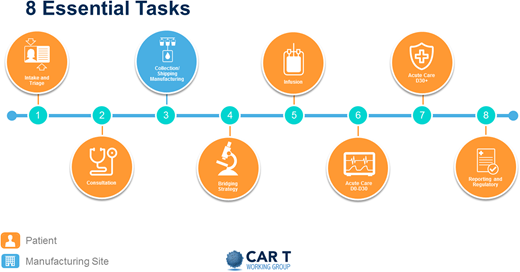 Illustration of a patient’s journey through the CAR T process. Reproduced with permission from the Slide Library of the CAR T Working Group (v2 9.4.2019).