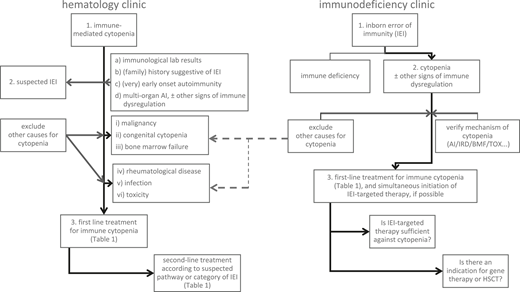 Management algorithm: scenarios of a patient with immune-mediated cytopenia at the hematology clinic without known IEI (left panel) or with a previously known IEI and manifestation of cytopenia at the immunodeficiency clinic (right panel). AI, autoimmune; BMF, bone marrow failure; HSCT, allogeneic hematopoietic stem cell transplantation; IEI, inborn error of immunity; IRD, immune regulatory disorder/immune dysregulation; TOX, infection- or drug-mediated myelotoxicity.