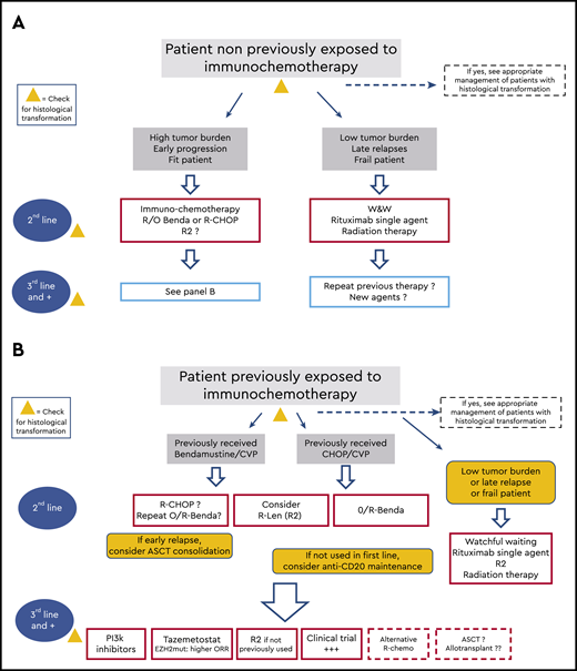 Schematic indications of the potential sequence of treatment during the clinical course of patients with follicular lymphoma. (A) Treatment options for patients who did not receive immunochemotherapy in the first line. (B) Options for patients for whom immunochemotherapy failed. W&W, watchful waiting.