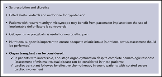 Supportive therapy in AL amyloidosis. Supportive measures have a fundamental role in the management of AL amyloidosis, with the goal of improving quality of life, relieving symptoms, and sustaining organ function while anti-PC therapy is delivered and takes effect. The mainstay of supportive treatment is diuretic therapy. However, in amyloidosis, cardiac function is preload dependent, and it is important to avoid reduction of intravascular volume. Angiotensin-converting enzyme inhibitors are generally poorly tolerated because of hypotension: they should be used at the lowest possible dose and discontinued if not well tolerated. Transplantation of the organs involved by amyloidosis may render patients with advanced disease eligible for aggressive specific treatment. The main concerns with organ transplantation are occurrence of amyloidosis in the graft and progression in other organs. However, the availability of effective anti-PC treatments allows for consideration of heart transplantation followed by effective chemotherapy in young patients with isolated severe cardiac involvement. Patients who have advanced, irreversible organ damage, despite achievement of complete HR, can also be considered for transplantation of the organs involved. However, early reports still awaiting confirmation suggest that patients who fail to attain organ response despite having achieved complete HR may have persistent minimal residual clonal disease. In these subjects, further chemotherapy, if deliverable, may lead to minimal residual disease negativity and improvement of organ dysfunction. Implantation of left ventricular assist devices is technically feasible for patients with severe heart failure caused by advanced cardiac amyloidosis, but the possible benefit is unclear.