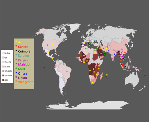 Epidemiology of G6PD deficiency throughout the world. Each country on the map is shaded in a color based on the best estimate of the mean frequency of G6PD deficiency allele(s) in that country (this is the same as the frequency of G6PD-deficient males). The larger panel gives a color-coded list of 10 common G6PD variants associated with G6PD deficiency: asterisk-shaped symbols in the corresponding colors are shown in the countries where these variants have been observed (for graphic reasons symbols could not be inserted in all countries where the respective variants are present). Modified from Luzzatto, Ally, and Notaro.16