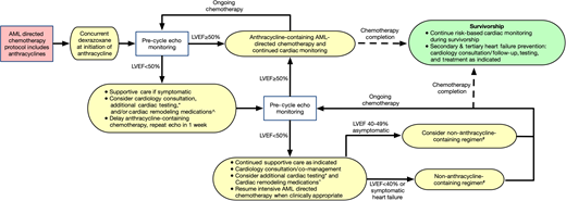 Proposed management of cardiotoxicity during pediatric AML therapy. This figure depicts our proposed algorithm to manage cardiotoxicity during AML therapy, with the goal of balancing cardiac safety with effective delivery of AML-directed chemotherapy. LVEF cutoffs are based on National Cancer Institute Common Terminology Criteria for Adverse Events (CTCAE) V3.0 for LVSD: grade 2 LVSD is defined as asymptomatic LVEF decline of 40% to 49%. Grade 3 LVSD is defined as LVEF decline of 20% to 39%, or symptomatic heart failure. These LVEF thresholds are consistent with grade 2/3 “ejection fraction decreased” in CTCAE V5.0. *Additional testing may include biomarkers (eg, N-terminal-pro B-type natriuretic peptide), CMRI, or alternate testing as indicated. Biomarkers currently have an established role in secondary/further evaluation but are under investigation as a primary screening modality. ^Cardiac remodeling medications may include angiotensin converting enzyme inhibitors (eg, enalapril) and beta-blockers (eg, carvedilol). #When omission of anthracyclines is necessary due to persistent LVSD, efforts should be made to maintain the intensity of chemotherapy, if appropriate. Thus, we suggest replacing with an intensive non-anthracycline-containing chemotherapy block, such as high-dose cytarabine and asparaginase (Capizzi II).