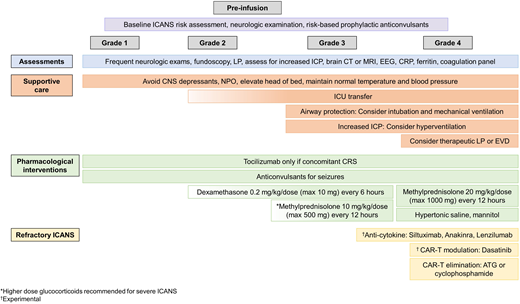 General guidelines for management of ICANS. Frequent neurologic assessments, multidisciplinary supportive care, and glucocorticoids form the backbone of ICANS management. In addition, several novel strategies are being studied for refractory ICANS, as described in the text. ATG, anti–thymocyte globulin; CRP, C-reactive protein; EVD, external ventricular drain; ICU, intensive care unit; LP, lumbar puncture; NPO, nothing by mouth.