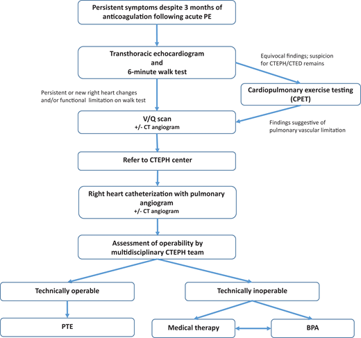 Diagnostic algorithm in evaluation for CTEPH/CTED.