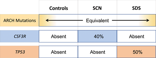 Graphical representation of the observed clonal hematopoiesis rates by somatic genetic alteration within healthy age-matched controls, patients with SCN, or patients with SDS.