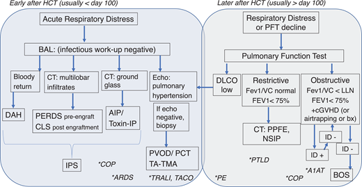 Flow diagram for workup and diagnosis of noninfectious lung diseases after HCT.Blue box, diseases commonly diagnosed in the first 100 days after HCT. Gray box, those diseases occurring usually beyond day 100 after HCT. Noninfectious lung injury workup and diagnoses are in boxes. *Additional pulmonary diagnoses are denoted by stars and listed in the column in which these diagnoses would be included in the differential. Notably, other processes can exhibit low DLCO, which is often reduced in RLD, but isolated DLCO reduction should prompt evaluation for vascular diseases of the lung. For the workup of obstructive disease, infection is often diagnosed, which should prompt repeat testing after treatment to ascertain BOS diagnosis (arrows). bx, biopsy; DLCO, diffusion capacity of lung for carbon monoxide; ID, infectious disease workup; PE, pulmonary embolism; toxin-IP, toxin associated interstitial pneumonitis, including that from radiation or chemotherapy.