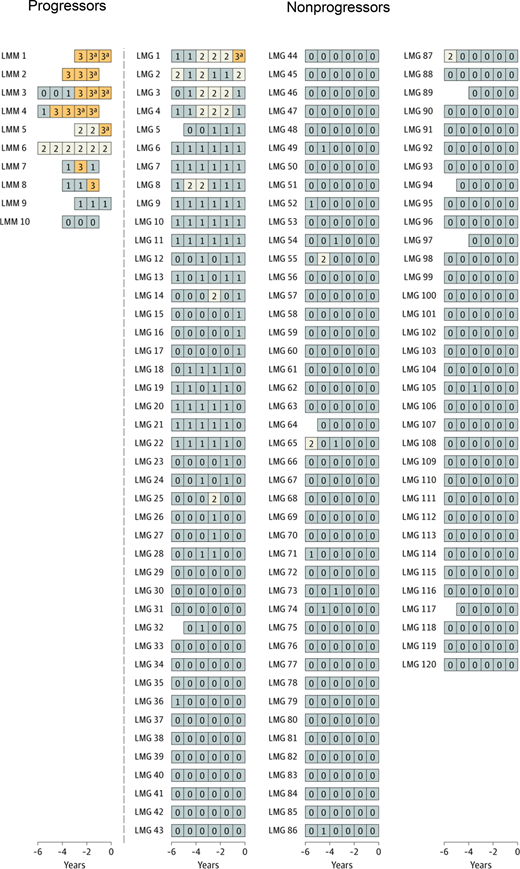 Longitudinal analysis of risk among selected individuals with and without progression from light chain MGUS to light chain MM.19 A risk score was developed to evaluate and label individual blood samples as follows: low-risk light chain MGUS, 0 to 1 (gray); intermediate-risk light chain MGUS, 2 (white); high-risk light chain MGUS, 3 or higher (orange). Each series of boxes represents a unique patient, each box represents a unique blood sample, and the x-axis represents number of years before MM diagnosis (for case patients) and number of years before selection (for controls). Each box includes a number that represents the risk score. LMG indicates nonprogressing light chain MGUS, and LMM indicates progressing from light chain MGUS to light chain MM. aFulfilled the blood-based criteria for MM (ie, FLC ratio ≥100 and involved FLC concentration ≥10 mg/dL). Reprinted by permission, Landgren et al, JAMA Oncol, 2019.19