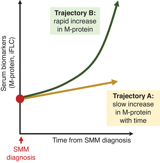 Hypothetical changes in the monoclonal protein markers of patients with SMM over time. While there are multiple possible trajectories that a patient's biomarkers may take, this figure is meant to illustrate that patients may have steady increases in the tumor burden, whereas other patients have a rapidly “evolving” presentation. Patients in “trajectory B,” with rapidly increasing biomarkers, should be considered for early therapeutic intervention.