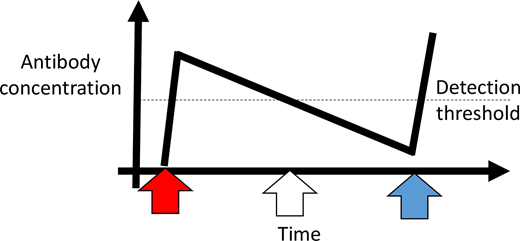 Antibody detection and evanescence considerations. Upon initial RBC exposure (red arrow), 1 or multiple RBC alloantibodies may be generated. Once an antibody concentration gets above a certain level (dotted line), it can be detected by blood bank methods. Over time, that antibody may evanesce and fall below the level of detection (white arrow). If the patient needs a transfusion at a later time point (blue arrow), the antibody may not be detected. Of note, if an antibody screen was not completed within weeks of the initial transfusion, the antibody or antibodies may not have been detected at all. If the patient was seen at a different hospital in the United States at the time point indicated by the blue arrow, that hospital will most likely be unaware of an antibody or antibodies previously detected by the initial hospital. Figure generated with the assistance of R. George Hauser, MD.