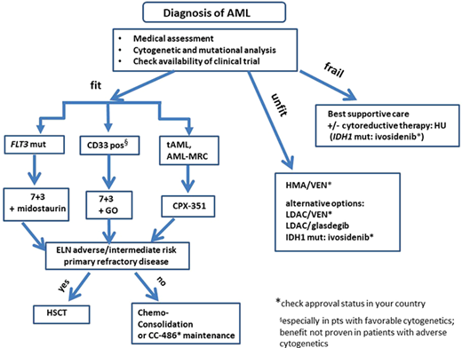 Frontline treatment algorithm in AML patients considering recently approved substances. mut, mutated.