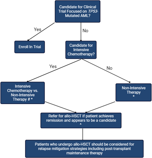Treatment approach for newly diagnosed TP53-mutated AML.