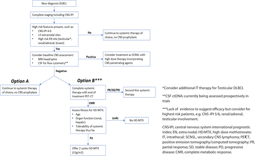 Proposed algorithm for CNS prophylaxis in DLBCL in 2022. CMR, complete metabolic response; CT, computed tomography; PD, progressive disease; PR, partial response; SD, stable disease.