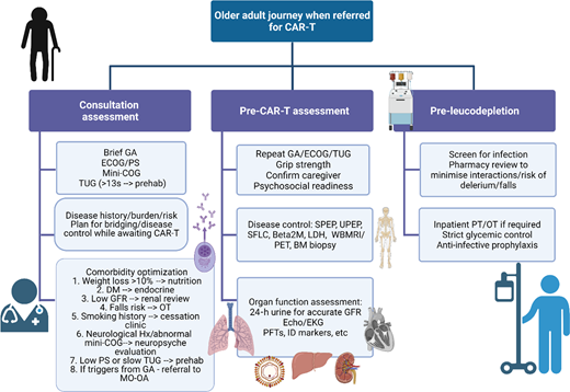 Comprehensive assessment of the older adult referred for CAR-T. Created with BioRender.com. BM, bone marrow; DM, diabetes mellitus; EKG, electrocardiogram; GA, geriatric assessment; GFR, glomerular filtration rate; Hx, history; ID, infectious disease; LDH, lactate dehydrogenase; MO-OA, medical oncology for older adults; OT, occupational therapy; PET, positron emission tomography; PFT, pulmonary function tests; PS, performance status; SFLC, serum free light chains; SPEP, serum protein electrophoresis; UPEP, urine protein electrophoresis; WBMRI, whole body magnetic resonance imaging.