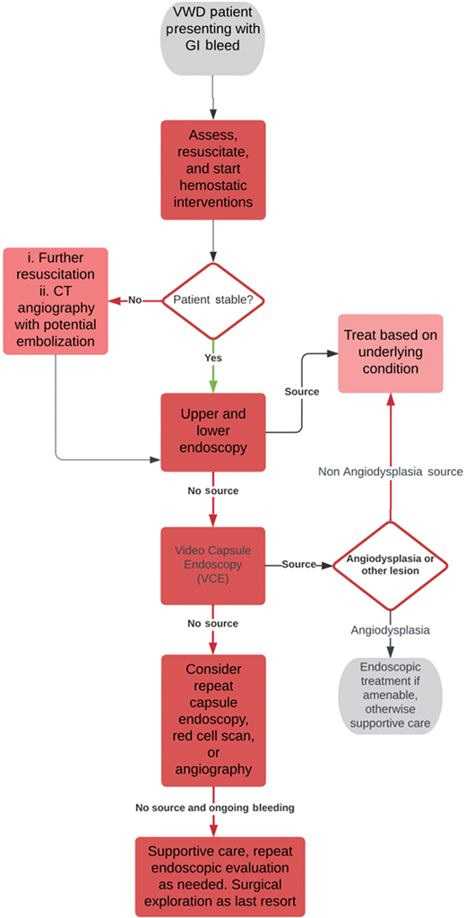 Diagnostic algorithm for GI bleeding in VWD. CT, computed tomography.