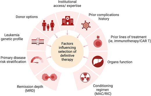 Factors influencing the selection of definitive therapy in R/R pediatric ALL. The chart graphically represents the many factors that contribute to the cost-benefit analysis of the selection of definitive therapy with the highest chance of clinical success in R/R pediatric patients with ALL.