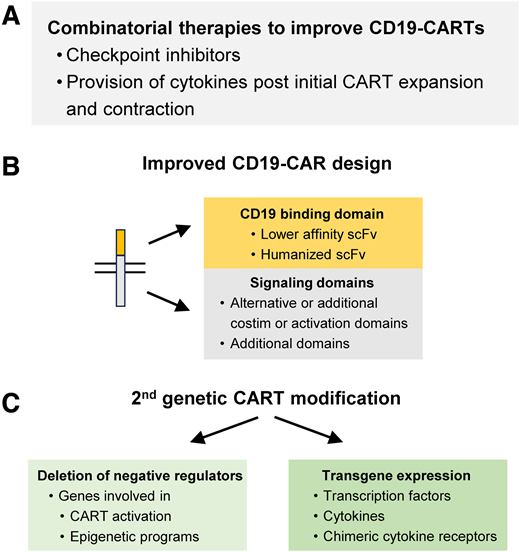 Strategies to enhance the effector function of CD19 CAR T cells. Examples of (A) combinatorial therapies, (B) strategies to improve CAR design, and (C) second genetic modifications of CAR T cells. costim, costimulation.
