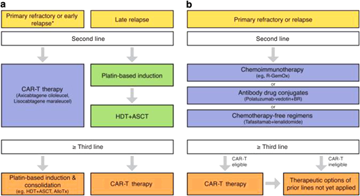 Therapeutic algorithm for patients with relapsed/refractory DLBCL. (a) For transplant-eligible patients, depending on the time point of relapse, either an anti-CD19 CAR-T therapy (using axicabtagene ciloleucel or lisocabtagene maraleucel) or platin-based induction followed by high-dose therapy (HDT) and autologous stem cell transplantation (ASCT) represents the standard approach (*within 12 months after completion of first-line therapy). (b) For transplant-ineligible patients, chemoimmunotherapy, antibody drug conjugates, and chemotherapy-free regimens represent potential therapeutic options in second line. Third-line therapy using anti-CD19–directed CAR-T represents a potentially curative option for eligible patients.