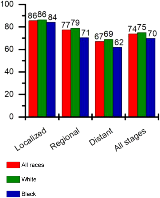Lymphoma survival. Five-year relative survival for selected cancers by race and stage at diagnosis, United States, 2012 to 2018. White and Black race categories are exclusive of Hispanic ethnicity. Reproduced with permission from Siegel RL, Miller KD, Wagle NS, Jemal A. Cancer statistics, 2023. CA Cancer J Clin. 2023;73(1):17-48.23
