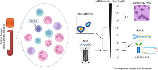 Measurable residual disease (MRD) testing modalities. ASO-IGH PCR, allele-specific oligonucleotide immunoglobulin heavy locus PCR; ddPCR, droplet digital polymerase chain reaction; IHC, immunohistochemistry; NGS, next-generation sequencing.