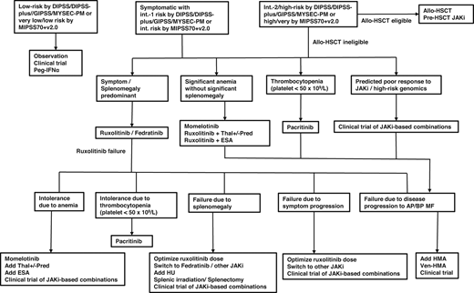 Treatment algorithm in patients with MF. alloHSCT, allogeneic hematopoietic stem cell transplantation; AP/BP, accelerated phase/blast phase; DIPSS, Dynamic International Prognostic Scoring System; ESA, erythropoiesis-stimulating agents; GIPSS, Genetically Inspired Prognostic Scoring System for Primary Myelofibrosis; HU, hydroxyurea; MIPSS70+v2.0, Mutation-Enhanced International Prognostic Scoring System 70 plus version 2.0; MYSEC-PM, Myelofibrosis Secondary to PV and ET Prognostic Model; Pred, prednisolone; Thal, thalidomide; Ven, venetoclax.