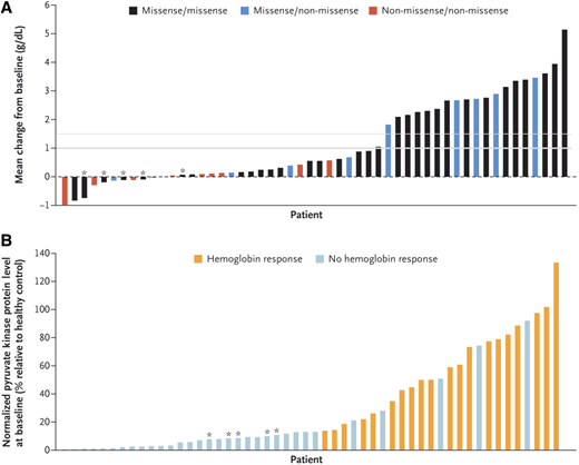 Change in hemoglobin according to PKLR genotype and hemoglobin response according to PK protein level at baseline in the DRIVEPK trial. (A) The mean change from baseline in the hemoglobin level according to the patient's PKLR genotype category. Of the 52 patients who received mitapivat, 20 (38%)—all of whom had at least 1 missense mutation—had a mean hemoglobin increase >1  g/dL (indicated by a thick gray line); 19 patients had a mean hemoglobin increase ≥1.5  g/dL (thin gray line). A mean hemoglobin increase >1  g/dL did not occur in any of the 5 patients who were homozygous for the R479H mutation (as indicated by an asterisk) or in any of the 10 patients who were homozygous for non-missense mutations (as indicated by a red bar). (B) Hemoglobin response according to PK protein level at baseline. Hemoglobin response is defined as >1  g/dL increase in the hemoglobin at >50% of the assessments during the core period. Baseline pyruvate kinase protein level in red cells has been normalized to the hemoglobin level (an approximation of the total red-cell protein level) and to the pyruvate kinase protein level measured in a healthy control (to allow for interassay comparisons). Patients with an increased baseline level of PK protein were more likely to have a hemoglobin response to mitapivat. The data bars in panels A and B are not aligned for each patient, so a 1:1 comparison of the individual data bars in the 2 panels is not possible. From The New England Journal of Medicine, RF Grace et al., Safety and Efficacy of Mitapivat in Pyruvate Kinase Deficiency, 381(1):933-944. Copyright 2019 Massachusetts Medical Society. Reprinted with permission.