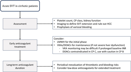 Proposed treatment algorithm for cirrhotic patients with acute splanchnic vein thrombosis. CP, Child-Pugh; DOACs, direct oral anticoagulants; HCC, hepatocellular carcinoma; INR, international normalized ratio; LMWH, low-molecular-weight heparin; SVT, splanchnic vein thrombosis; VKAs, vitamin K antagonists.