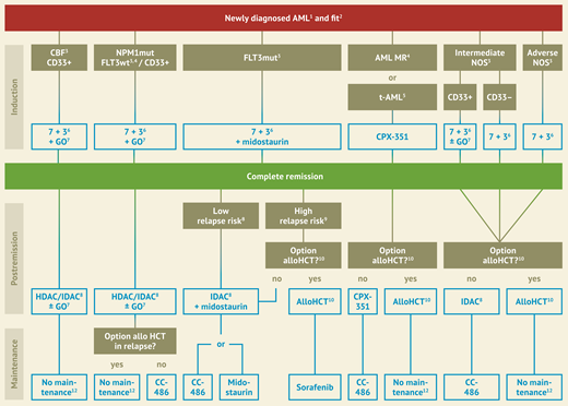 Treatment stratification for newly diagnosed patients fit for intensive treatment, modified after Onkopedia Guidelines for AML (www.onkopedia.com).1APL, acute promyelocytic leukemia excluded. 2Fit for intensive therapy, based on ECOG status and comorbidity. 3Genetically defined subgroups according to ELN 2022. 4AML MR, AML with myelodysplasia-related changes (WHO) or entities “AML with myelodysplasia-related gene mutations”, “AML with myelodysplasia-related cytogenetic abnormalities” and AML with the diagnostic qualifier “Progressed form MDS or MDS/MPN” (ICC). 5t-AML, therapy-associated AML. 67+3, therapy regimen with cytarabine (Ara-C) on 7 days, daunorubicin on 3 days. 7GO, gemtuzumab ozogamicin, recommended in patients up to 70 years. 8HDAC, high-dose Ara-C; IDAC, intermediate-dose Ara-C. 9Low risk of recurrence: NPM1-mut without relevant MRD. High risk of recurrence: NPM1 wildtype or relevant MRD. 10Allo HCT, allogeneic hematopoietic cell transplantation. 11This recommendation includes bZIP inframeCEBPA mutated patients. 12MRD monitoring recommended.