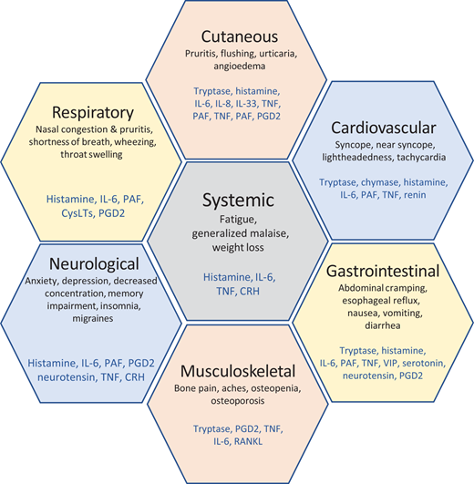 MC mediator release with biological and clinical consequences. CRH, corticotropin-releasing hormone; CysLTs, cysteinyl leukotrienes; IL-6/8/33, interleukin 6/8/33; PAF, platelet-activating factor; PGD2, prostaglandin D2; RANKL, receptor activator of nuclear factor kβ ligand; TNF, tumor necrosis factor; VIP, vasoactive intestinal peptide. Adapted from Theoharides et al.3