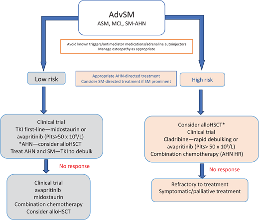Management options for AdvSM. HR, high risk; Plts, platelets. *If AHN is the major component contributing to patient symptoms. Reproduced with permission from Radia DH, Moonim MT. Update on diagnostic approaches and therapeutic strategies in systemic mastocytosis. Best Pract Res Clin Haematol. 2022;35(2):101380. doi:10.1016/j.beha.2022.101380.