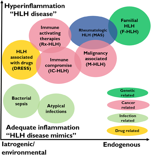 Conceptualizing hemophagocytic lymphohistiocytosis (HLH) syndrome. HLH syndrome includes all conditions meeting HLH diagnostic criteria. This syndrome includes conditions of hyperinflammation (“HLH disease,” conditions close to the upper side) that would benefit from HLH-directed immunosuppressive therapies, and those conditions with adequate inflammation (“HLH disease mimics,” conditions close to the lower side) that would not benefit from such therapy. These conditions can be endogenous (those close to the right) or iatrogenic (those close to the left). DRESS, Drug Reaction with Eosinophilia and Systemic Symptoms; MAS, macrophage activation syndrome.