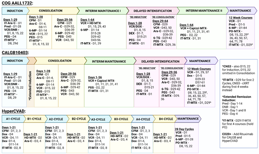 Up-front AYA B-ALL treatment schemas. Ara-C, cytarabine; CNS3, central nervous system; CPM, cyclophosphamide; cXRT, cranial radiation; DEX, dexamethasone; DNR, daunorubicin; DOX, doxorubicin; HD-MTX, high-dose methotrexate; IT-MTX, intrathecal methotrexate; IT-Arac, intrathecal cytarabine; PEG, pegaspargase; PO-MTX, oral methotrexate; Pred, prednisone; 6-MP, mercaptopurine; 6-TG, thioguanine; VCR, vincristine.