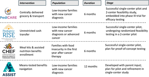 Intervention models targeting social needs in pediatric oncology that demonstrate feasibility and provide a framework for future interventions.