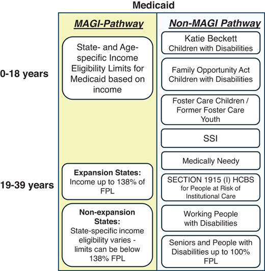 Major Medicaid eligibility pathways in the post-ACA era. HCBS, Home- and Community-Based Services.