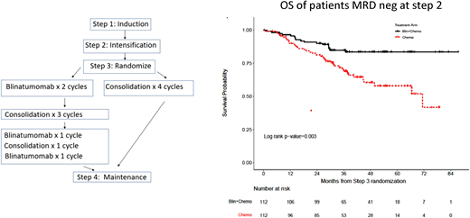 Consolidation therapy with blinatumomab improves OS in newly diagnosed adult patients with B-lineage acute lymphoblastic leukemia in MRD-negative remission (ECOG-ACRIN E1910 trial). Treatment chart and OS of randomized patients becoming MRD-negative after induction treatment. Blin, blinatumomab. Reproduced from Litzow et al21 with permission.