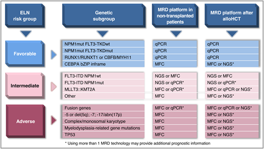 Recommended MRD technology by ELN risk and genetic subgroup for pre-alloHCT and post-alloHCT MRD monitoring. bZIP inframe, inframe mutations in the bZIP domain; mut, mutated; wt, wild type.