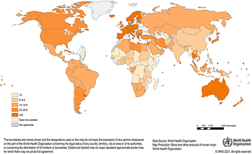 Whole blood donations per 1000 population, 2018.
