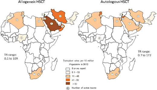 Countries performing stem cell transplants in Africa.
