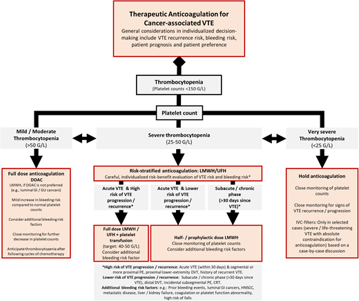 Proposed management algorithm for the treatment of VTE in patients with cancer and thrombocytopenia. GI, gastrointestinal; GU, genitourinary; HNSCC, head and neck squamous cell carcinoma; UFH, unfractionated heparin.