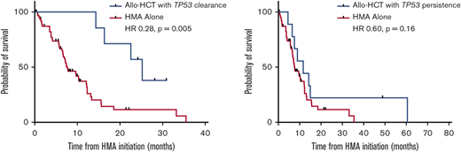 TP53 clearance and allogeneic HCT. HR, hazard ratio. Adapted with permission from Hunter et al.24