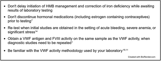 High-yield clinical principles for testing in patients with HMB in whom VWD is suspected.