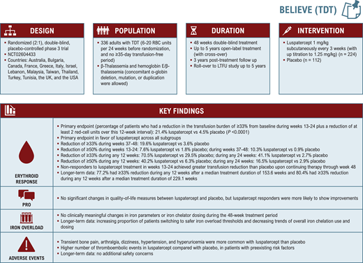 Summary of the BELIEVE trial.27,29,32,34,35,47 Hb, hemoglobin; PRO, patient-reported outcomes; RBC, red blood cell.