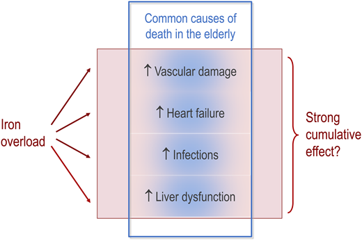 Overlap between iron-related complications and and common age-related problems in older patients with MDS. Even if iron-related complications add up and act as a strong risk factor, their effect may hide behind the common causes of death in older patients. It is therefore difficult to determine the extent to which iron overload contributes to morbidity and mortality in older patients with MDS.