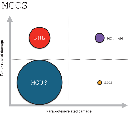 A simple schema illustrating the relationship between MGUS, MM and WM, NHL, and MGCS based on the dominant cause of end-organ dysfunction. Circle diameter reflects estimate of relative incidence (not to scale). MGCS, monoclonal gammopathy of clinical significance; MGUS, monoclonal gammopathy of undetermined significance; MM, multiple myeloma; NHL, non-Hodgkin lymphoma; WM, Waldenström macroglobulinemia.