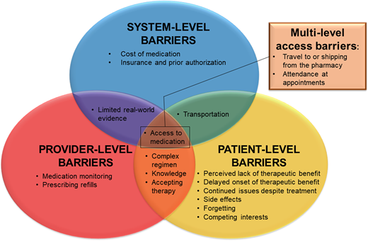 Disease-modifying medication adherence barriers to consider and a framework for identifying where and at what level(s) intervention may be needed.